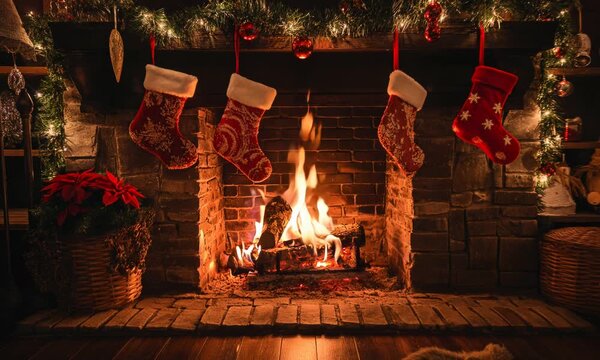 Christmas Fireplace with a raging fire