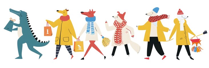 Cute Animals with Shopping Bags Walking Together