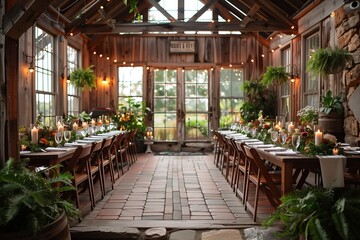 Elegant Indoor Dining Setup With Candles and Greenery in Rustic Venue