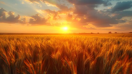 Obraz premium Stunning Golden Wheat Field at Idyllic Sunset in Serene Countryside Landscape