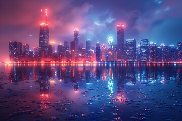 Fototapeta premium Futuristic Cityscape at Night with Neon Lights and Vibrant Urban Skyline
