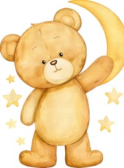 Cute Teddy Bear Holding a Crescent Moon with Stars