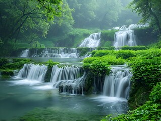 Lush Green Forest Waterfall with Gentle Cascading Flow and Natural Tranquility