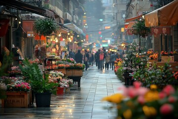 A bustling street market in a historic Chinese city