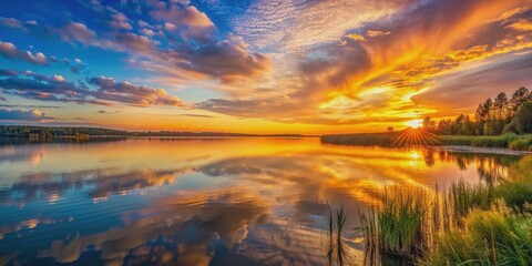 Beautiful wallpaper of sunset by the lake, sunset, lake, reflection, water, sky, clouds, nature, beauty, serene, peaceful, calm