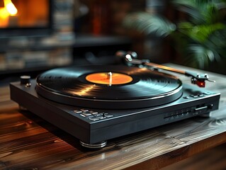 Retro Vintage Vinyl Record Player on Wooden Table with Nostalgic Music Aesthetic