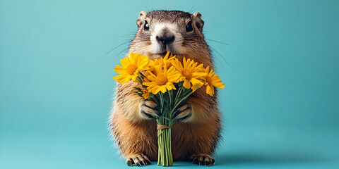A cute animal holding a bouquet of bright yellow flowers, showcasing a charming and playful character against a vibrant backdrop.