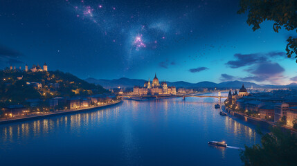 realistic Budapest, night sky, 8k resolution. Smooth. Smooth illustration. Dreamy vibrant black and pink colours, pink light,