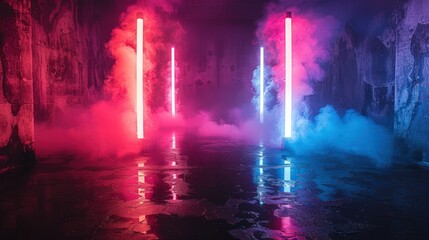 Fototapeta premium A mesmerizing display of pink and blue neon lights illuminating a dark room filled with smoke.