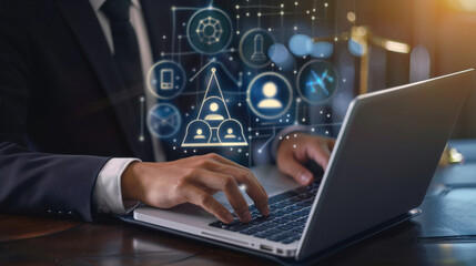 Virtual legal consultation: Businessman working on a laptop with legal services icons, specializing in labor law for companies