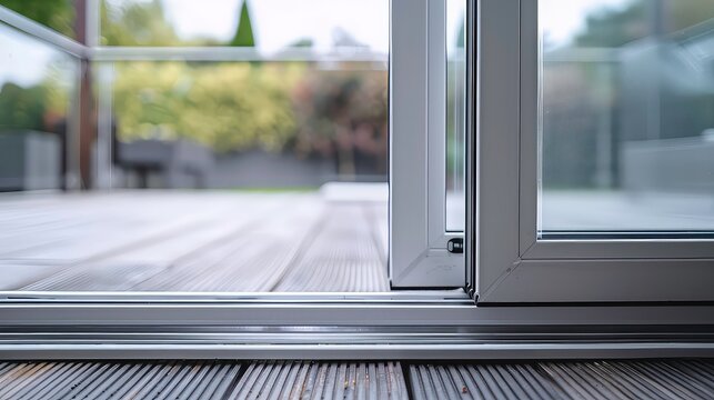 Close-up shot of a white sliding door leading to a patio. The door is partially open, revealing a blurry background of a wooden deck and green foliage.