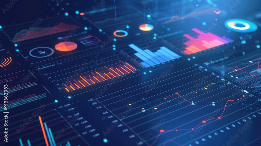 Poster visual representation of business analytics with financial charts showing company profit and perform