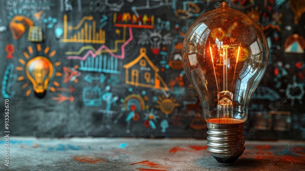 Poster a glowing light bulb in front of a background with doodles representing ideas and concepts.