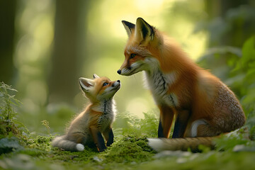 Obraz premium A tender moment between a mother fox and her adorable cub in a lush forest setting, showcasing nature's bond and beauty.
