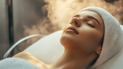 Close-up portrait of a beautiful woman having a facial steaming in a spa salon