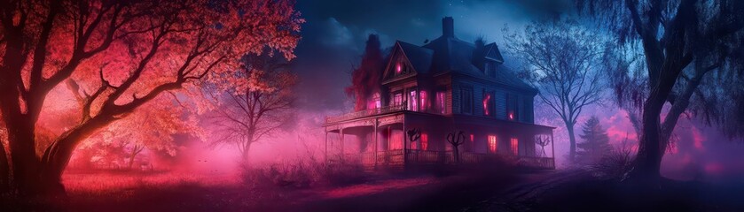 Haunted house, vibrant colors, spooky scenes, night setting, inviting