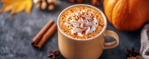 Pumpkin spice latte, vibrant colors, delicious drinks, close-up, inviting