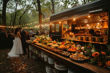 Elegant Outdoor Wedding Reception Featuring Food Truck Catering Surrounded by Trees at Dusk