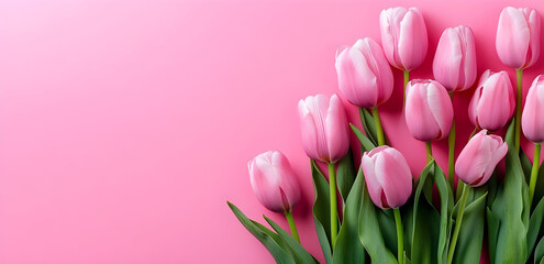 Beautiful arrangement of pink tulips on a soft pink background, perfect for spring and floral-themed designs.