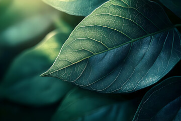 Obraz premium Close-up of a single green leaf, showcasing intricate textures and vibrant colors, highlighting nature's beauty and detail.