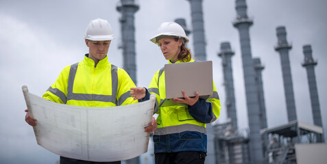 Engineers wearing safety gear, including hard hats examining survey a large blueprint tablet standing industrial facility gas or oil refinery engaged in a job requires high safety standards concept.