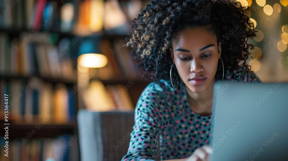 Poster woman studying through e-learning, accessing online lessons, video tutorials, and digital training c