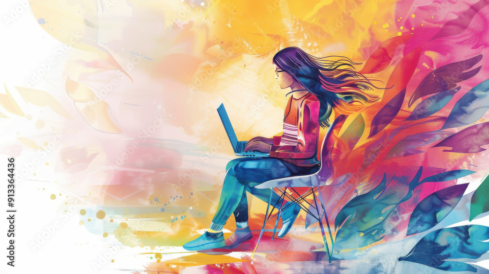 Poster woman studying through e-learning, accessing online lessons, video tutorials, and digital training c