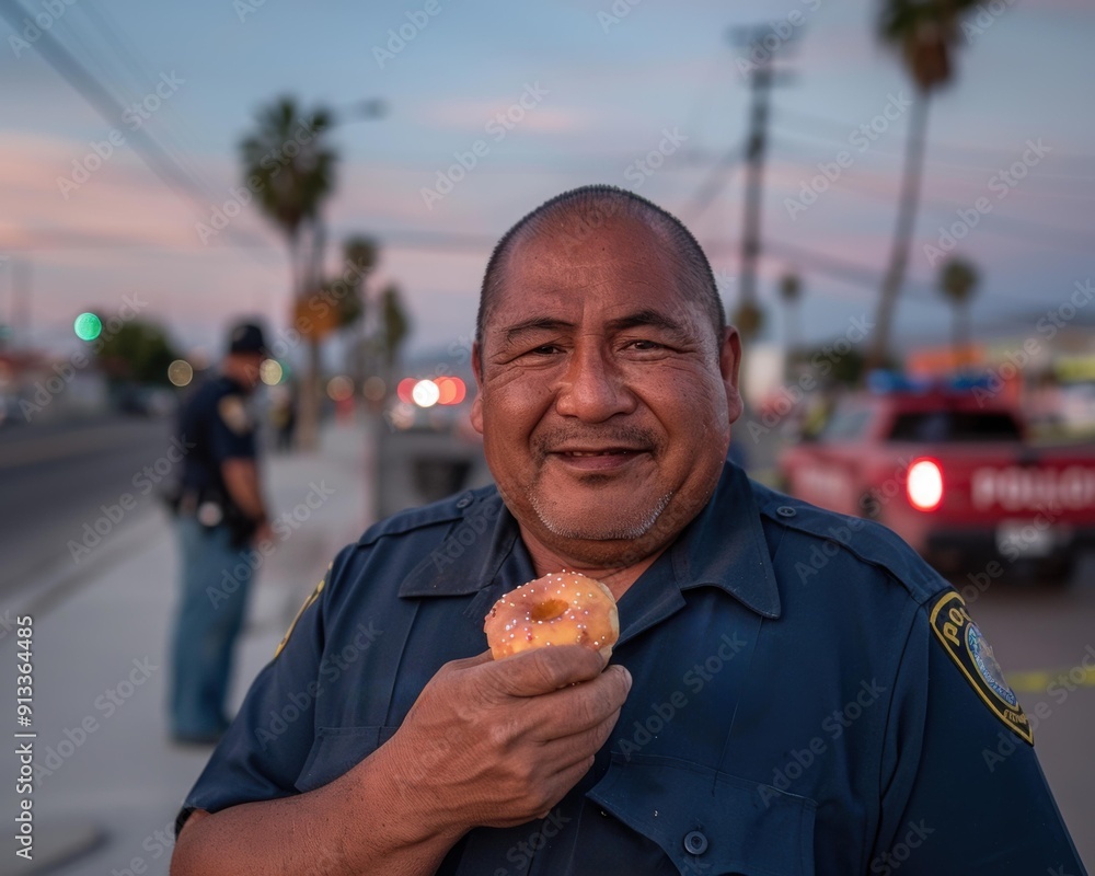 Wall mural A police officer enjoys a donut. AI.