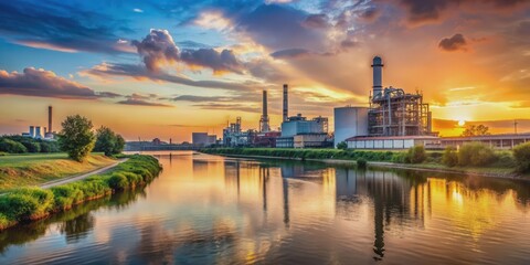 Naklejka premium Dirty heavy industry located next to a picturesque river at sunset , industry, pollution, environment