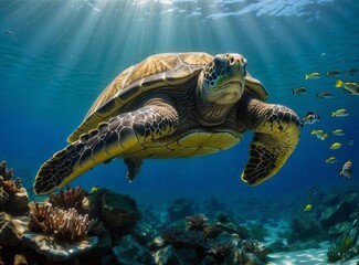 Obraz premium A sea turtle swims gracefully through the ocean. AI.