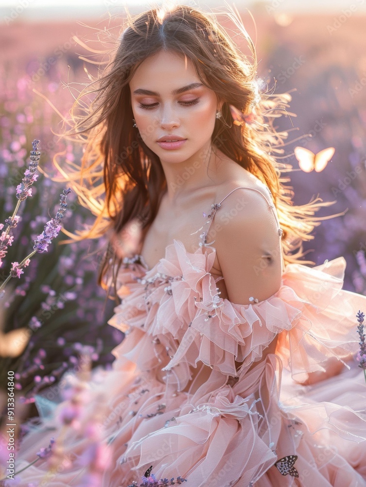 Wall mural A woman in a pink dress surrounded by lavender flowers. AI.