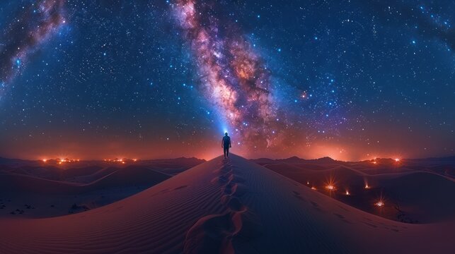 A man stands on a sand dune at night, raising his flashlight to illuminate a sky filled with stars creating an atmosphere of mystery and adventure