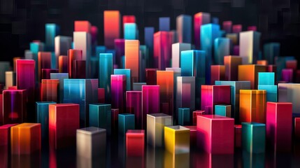 Obraz premium A colorful abstract cityscape made of rectangular blocks of different sizes and colors, arranged in a seemingly random pattern on a dark background.