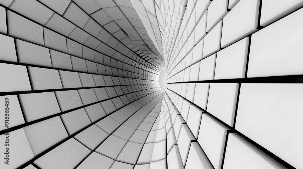 Poster abstract perspective of a spiraling tunnel with geometric patterns, evoking depth and movement in a 