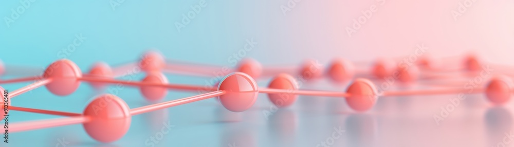 Poster abstract representation of molecular structure with interconnected pink spheres on a soft gradient b