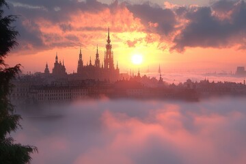 Naklejka premium Cityscape with Sunrise and Fog