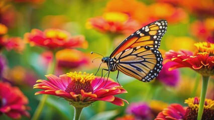 Fototapeta premium Colorful butterfly resting on a vibrant flower, insect, wings, beautiful, nature, macro, close-up, vibrant, colorful