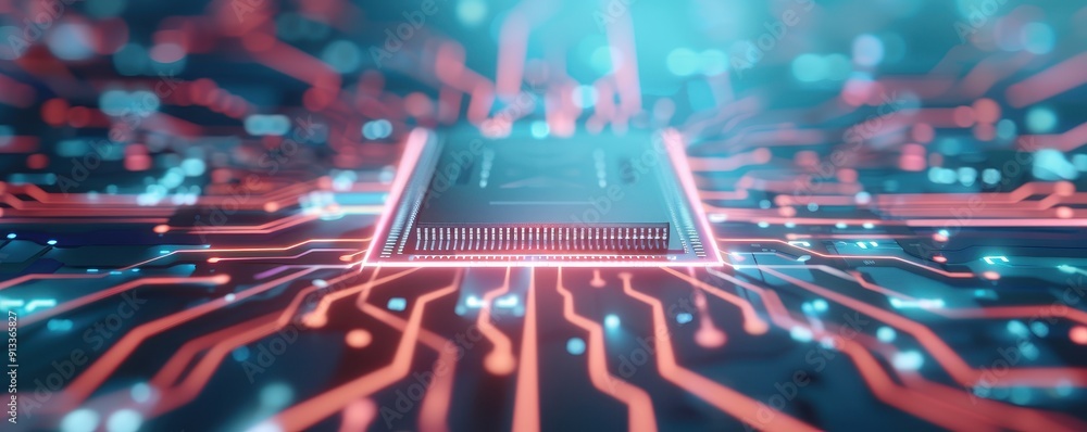 Poster close-up view of a circuit board with intricate patterns, vibrant lights, and a central chip, symbol