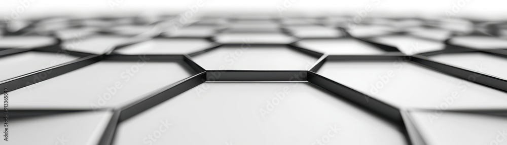 Poster close-up view of a modern hexagonal pattern, showcasing texture and depth with a sleek monochrome de