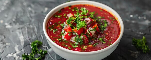 Delicious and vibrant soup garnished with fresh herbs and vegetables, perfect for any meal or culinary presentation.
