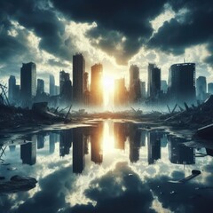 Obraz premium city at night a city skyline with a reflection of a city in the background.