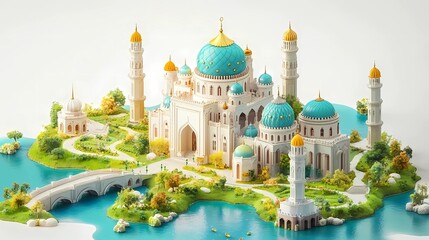 Obraz premium isometric style, beautiful fantasy mosque with pond and bridge