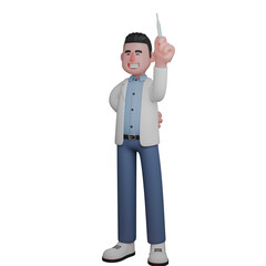 Doctor's Practice in 3D. Doctor Pointing Up with a Thermometer and a Smile. Male Cartoon
