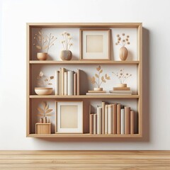 A wooden bookshelf with books isolated on a white background