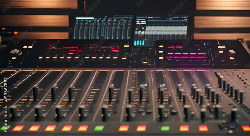 Poster audio mixing console in a recording studio 4k animation