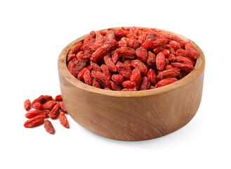 Dried goji berries in bowl isolated on white