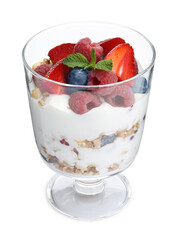 Tasty yogurt with fresh berries and mint in glass dessert bowl isolated on white