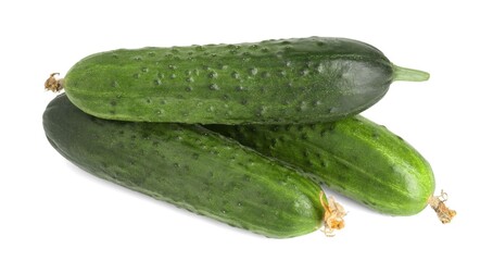 Three fresh green cucumbers isolated on white, above view