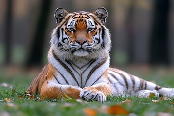Obraz premium Majestic Siberian Tiger Lying in Green Grass