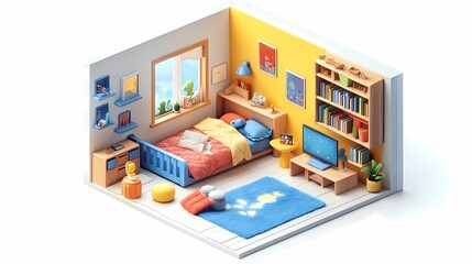 isometric style, colorful bedroom interior design